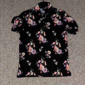 (L) Bad Birdie Black Floral Polo Shirt